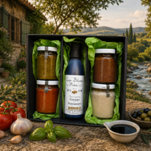 4-Gift-Box-4-Sauces-Balsamic-Cream Coffret cadeau crème balsamique bio (150ml) + 4 sauces (4×90gr)