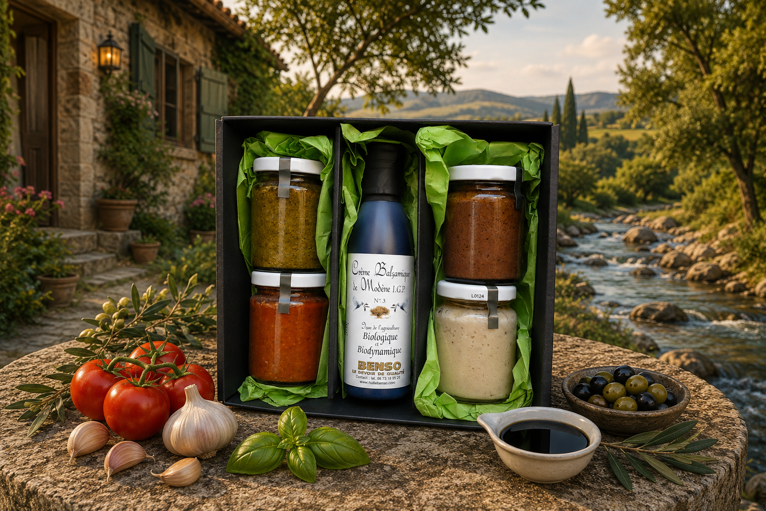 Coffret cadeau crème balsamique bio (150ml) + 4 sauces (4×90gr)