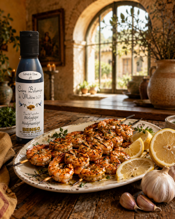 Creme-Balsamique-Lemon-Grilled-Shrimp-Skewers Crème balsamique bio et bio-dynamique au citron - 150 ml