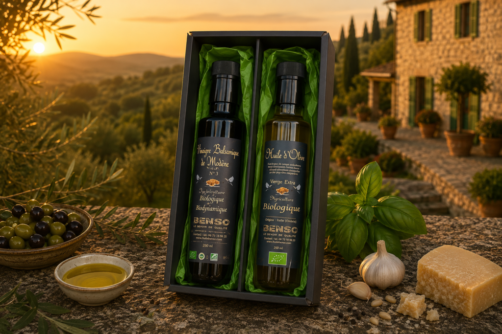 Coffret cadeau huile d'olive bio 250ml / vinaigre balsamique bio 250ml