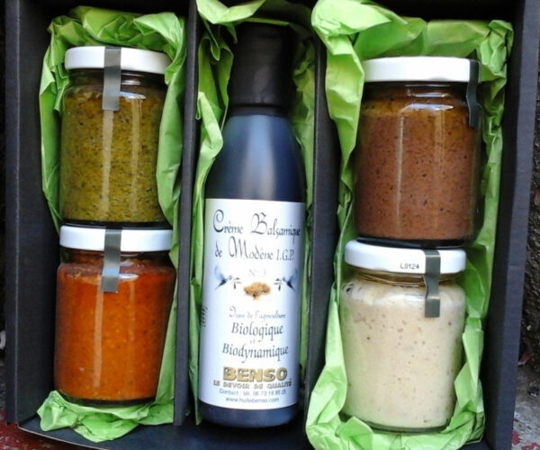 Coffret cadeau crème balsamique bio (150ml) + 4 sauces (4×90gr)
